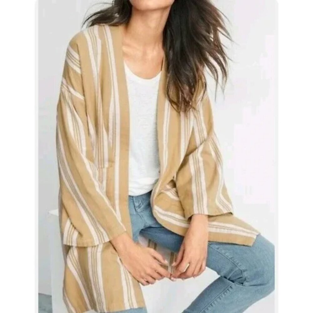 Eileen Fisher Petite Organic Cotton Striped Kimono Cardigan Ochre PM/PL R18KMD